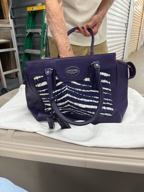 Coach Purple Leather and Cloth Tote with Purple & White Striped Motif